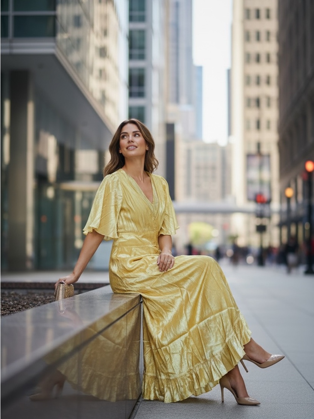 NWT Wrap-Style Maxi Dress with Ruffle Hem IN Golden Jaquard Size M